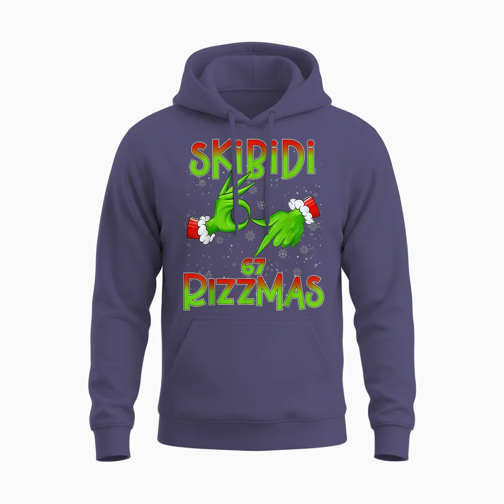 6 7 Christmas Skibidi Rizzmas 67 Meme Gen Alpha Slang Xmas Unisex Hoodie in Heather Sport Dark Navy