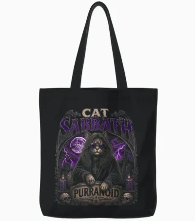 Cat Sabbath Purranoid – Funny Rock Cat Tote Bags - Black