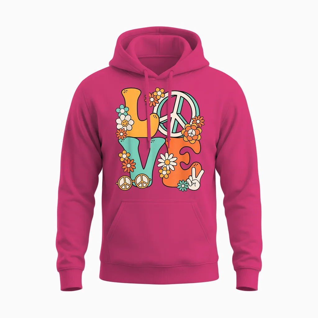 60s 70s Hippie Love Peace Groovy Party Outfit Retro T-Shirt, Black Unisex Hoodie in Heliconia