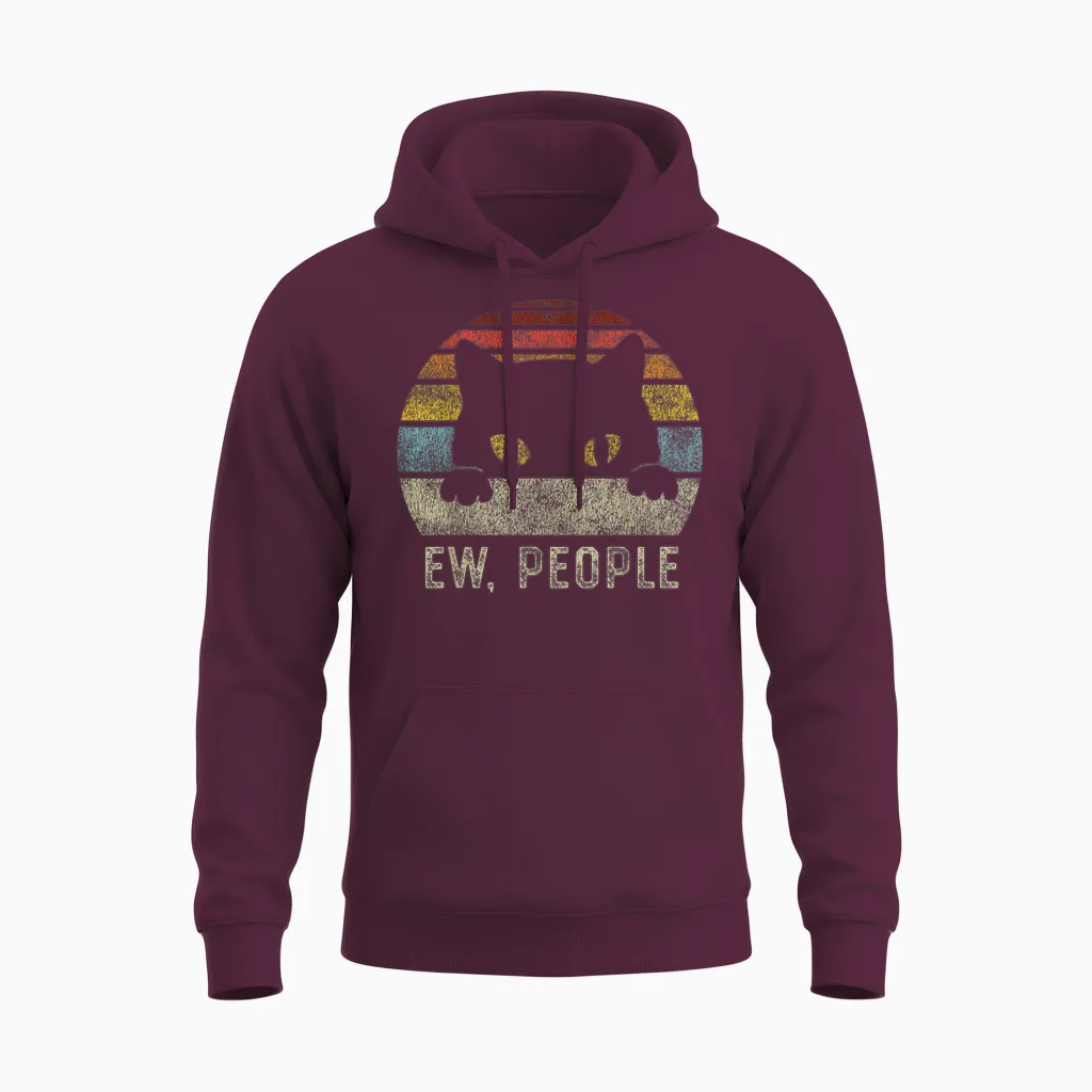 Ew People Retro Cat Funny Vintage Anti Social Introvert Unisex Hoodie in Maroon