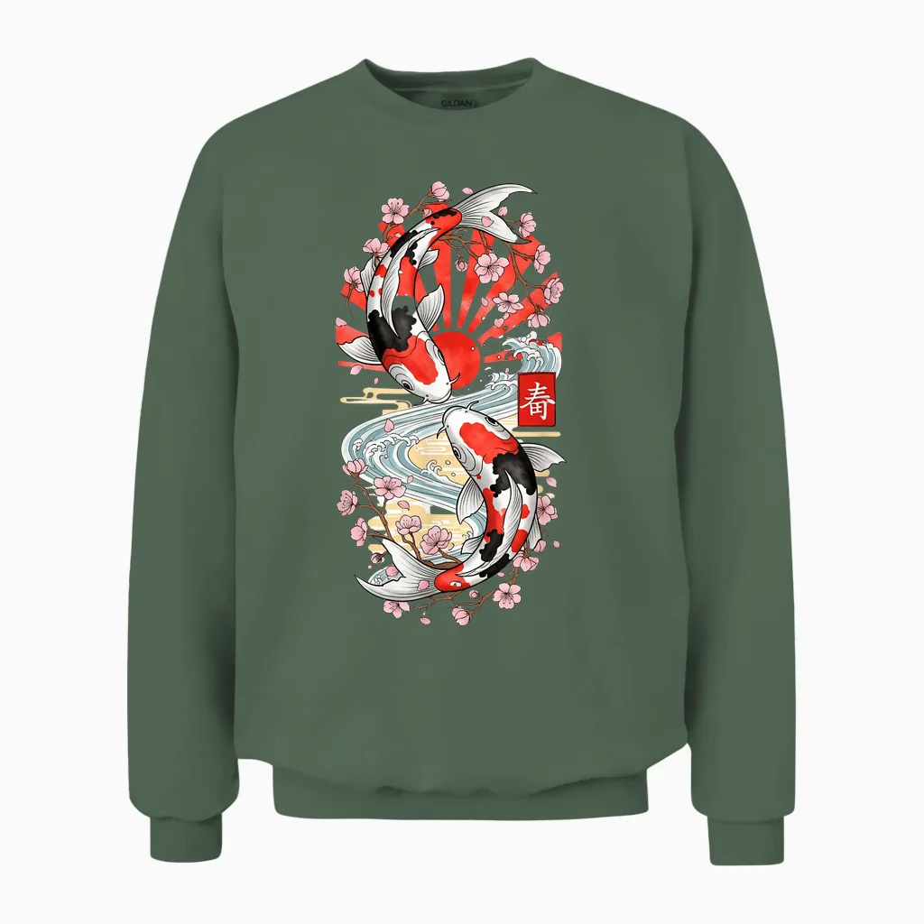 Japanese Koi Carp Fish Cherry Blossom Men Women Unisex Sweatshirt in Military Green