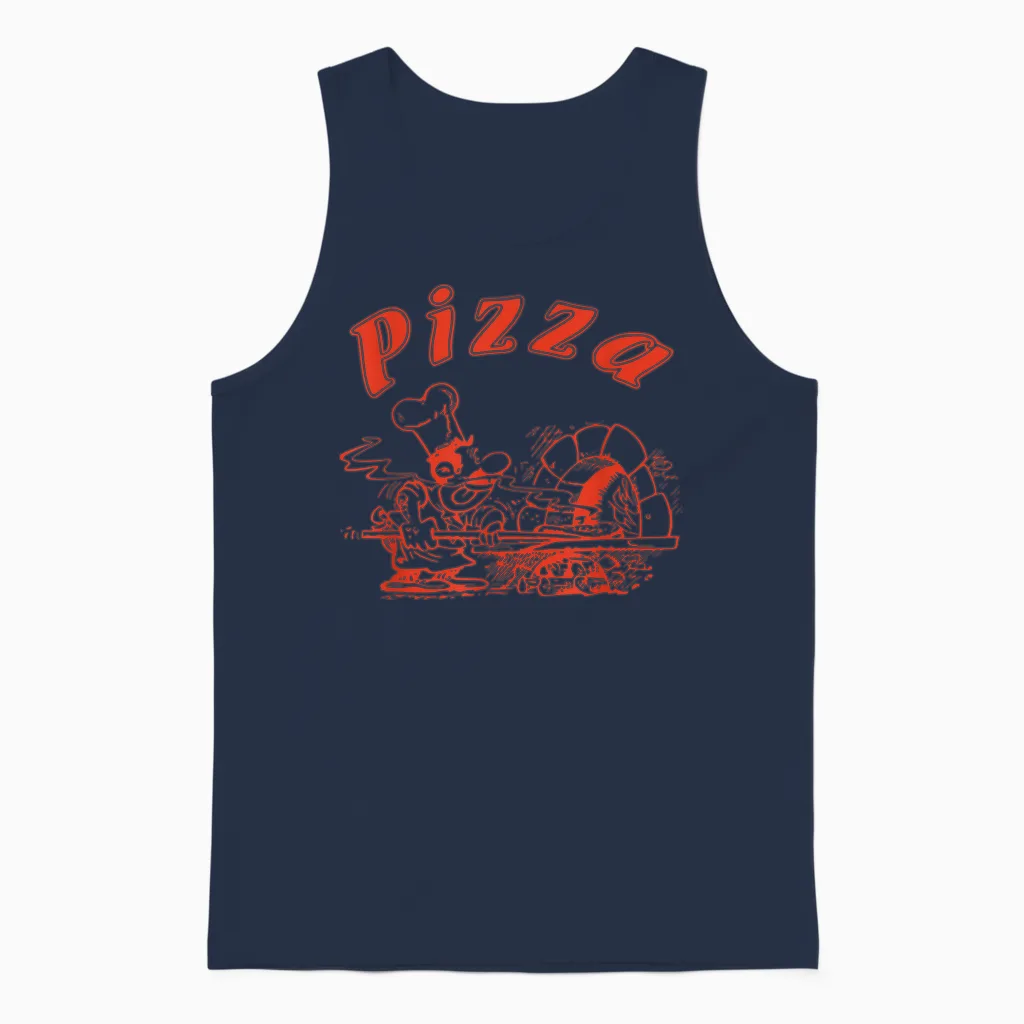 Pizza Box Cardboard Design Italian Retro Logo T-Shirt, White Unisex Tank Top in Navy