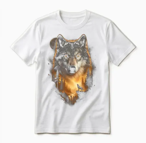 Motif De Loup Hurlant à La Lune Fantasy Art Forest Graphic Manche Longue Unisex T-Shirt in White