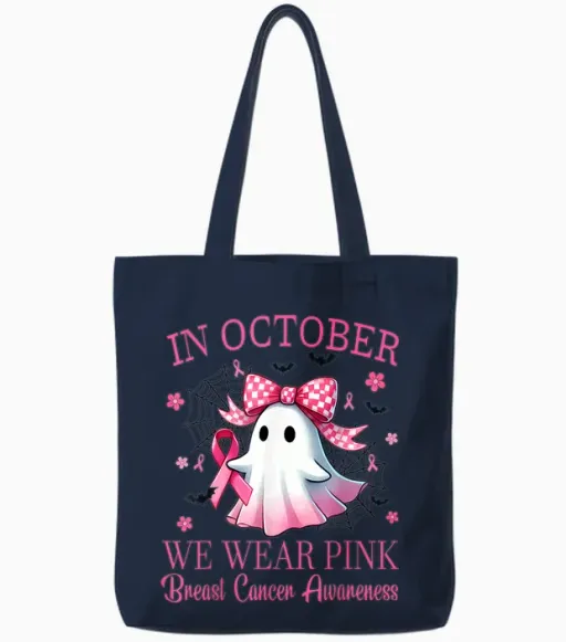 In October We Wear Pink Breast Cancer Awareness Tote Bags - Navy