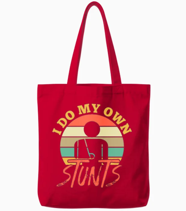 I Do My Own Stunts Retro Tote Bags in Red