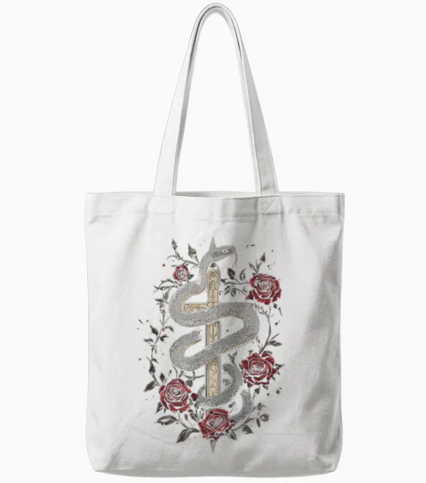 Snakes and Roses Around a Sword - Gothic T-Shirt, Black, S Tote Bags in White