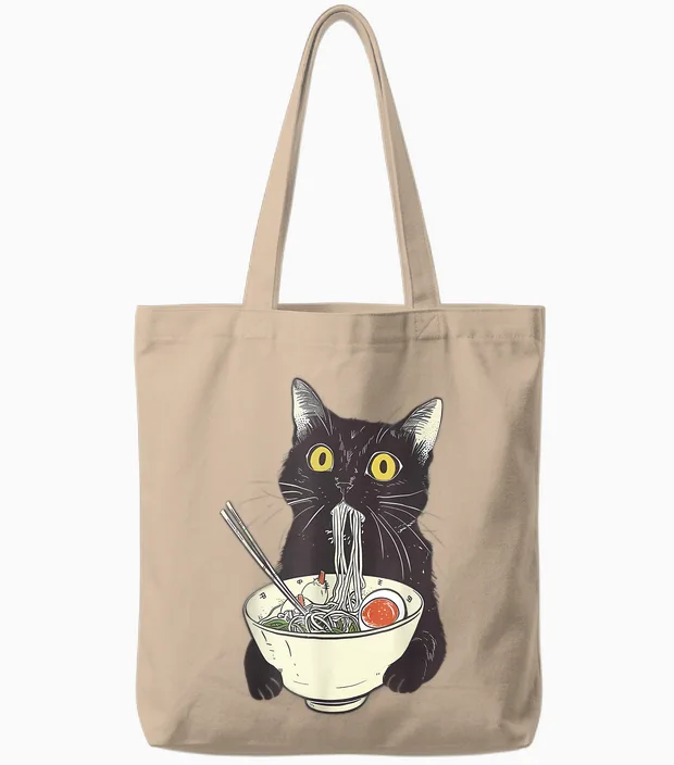 Cat Ramen Noodle Japanese Anime Manga Kawaii Cat T-Shirt, White Tote Bags in Natural