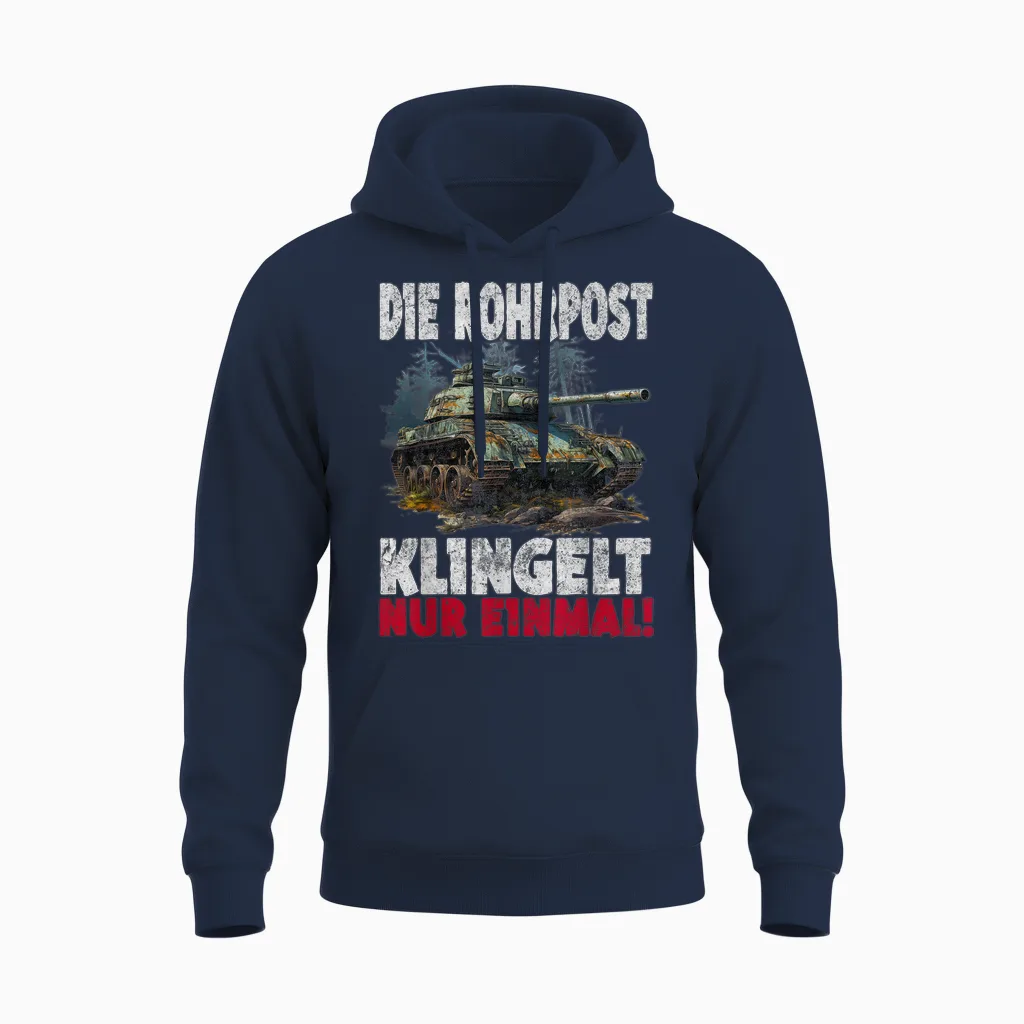 T-Shirt with German Tiger Design with German Text "die Rohrpost Klingelt Nur Einmal German Tiger, Black Unisex Hoodie in Navy