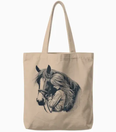 Girl with Horse Cute Motif for Stable and Riding Horses Tote Bags - Natural