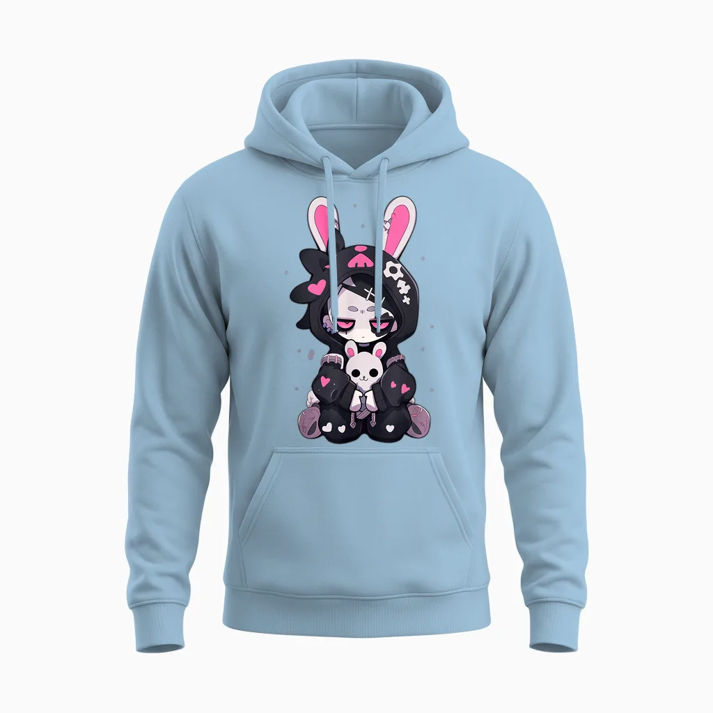 Goth Bunny Anime Girl Cute E-Girl Gothic Outfit Grunge Unisex Hoodie in Light Blue