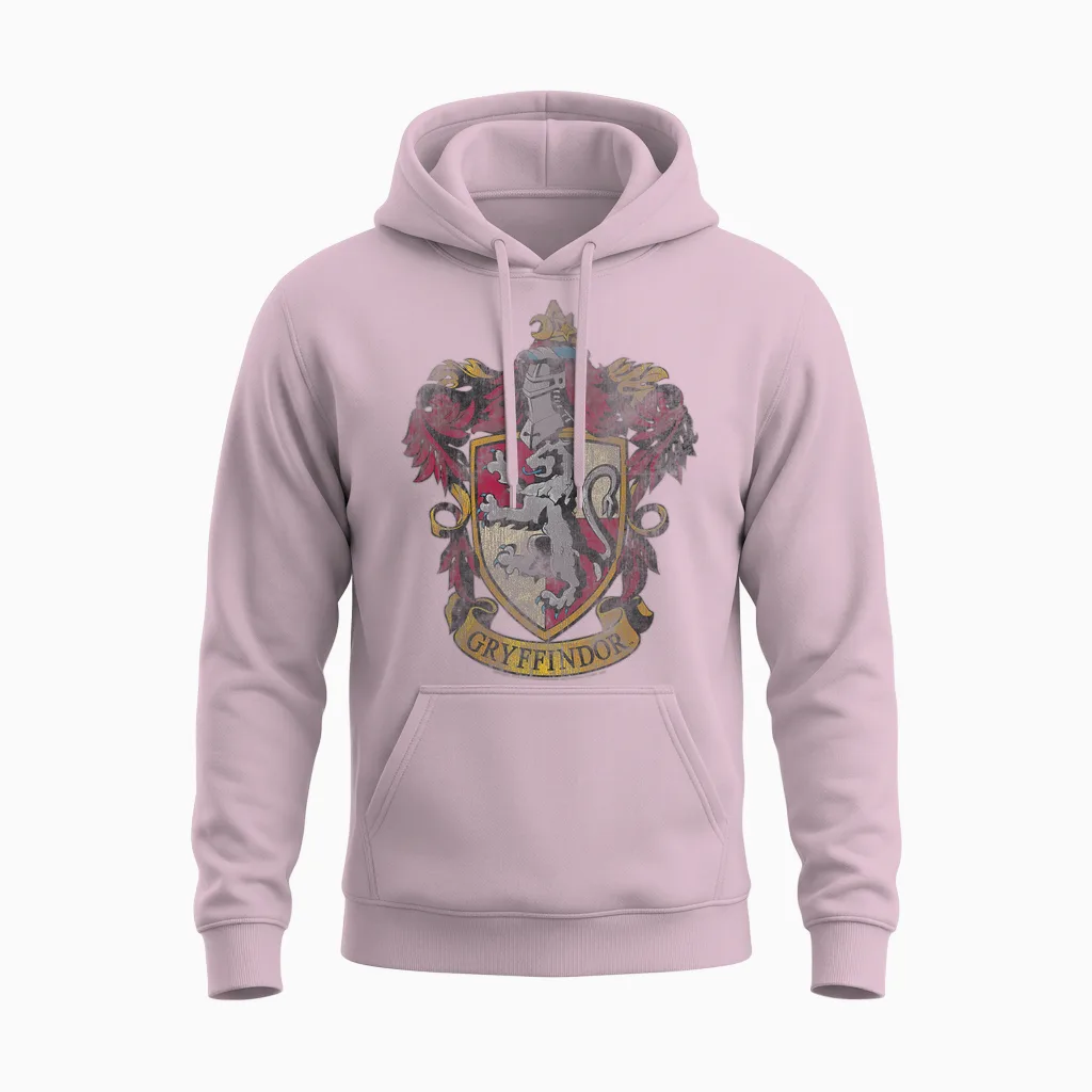 Harry Potter Distressed Gryffindor Crest T-Shirt, Gray, S Unisex Hoodie in Light Pink