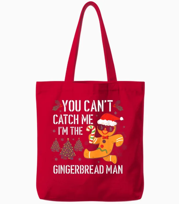 You Can't Catch Me I'm the Gingerbread Man Xmas Pajama Tote Bags in Red