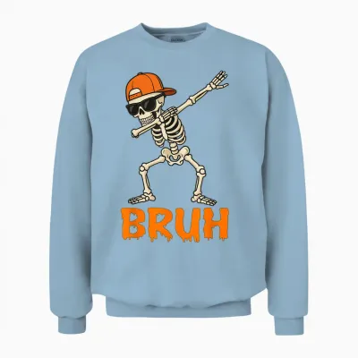 Bruh Dabbing Skeleton Funny Mens Kids Boys Halloween Unisex Sweatshirt - Light Blue