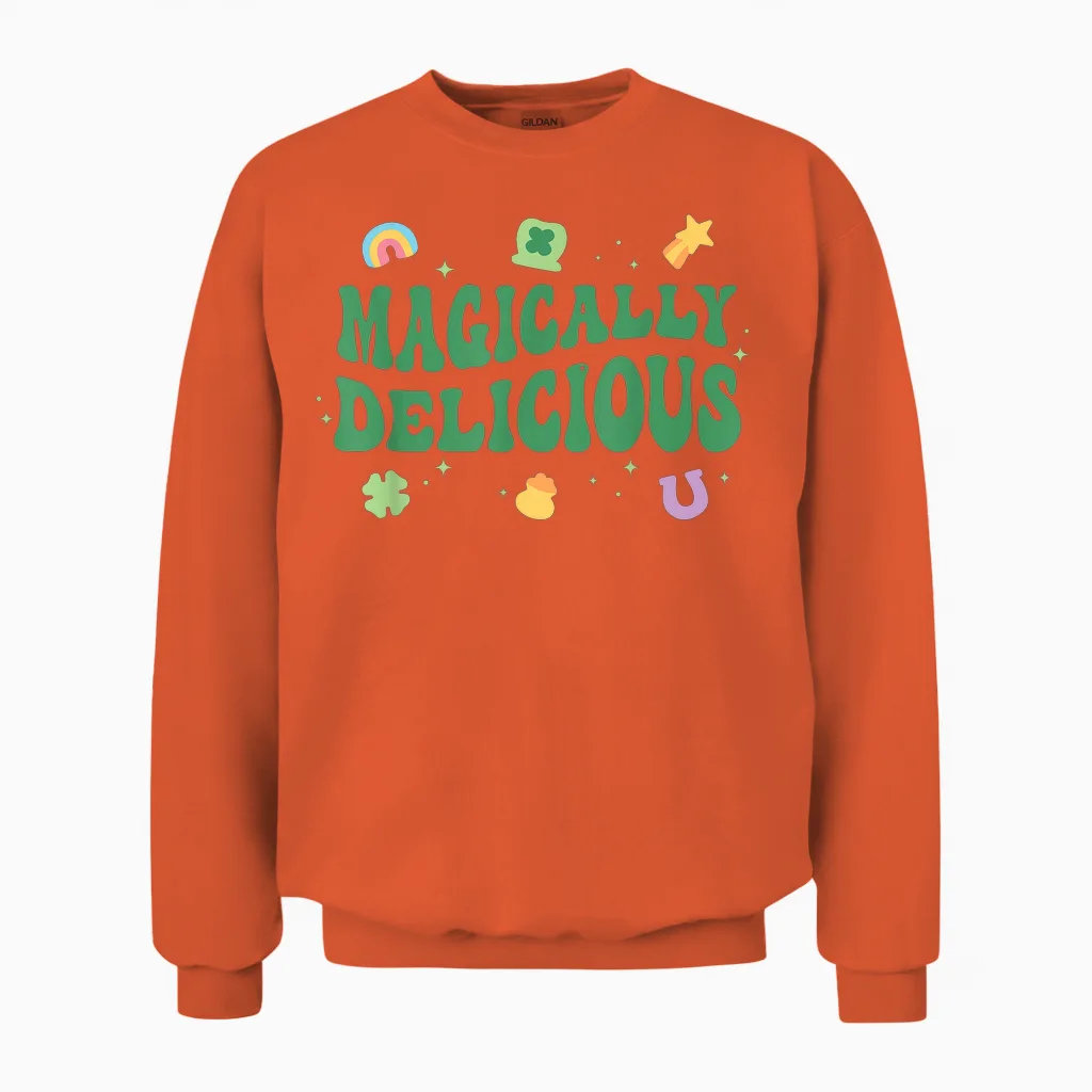Magically Delicious Lucky Charms Groovy St Patricks Day Unisex Sweatshirt in Orange