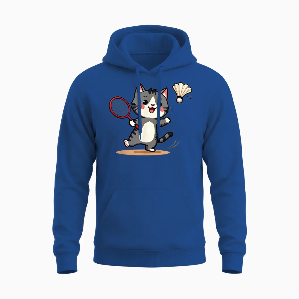 Funny Badminton Cute Cat Racket Flying T-Shirt, Black, S Unisex Hoodie in Royal