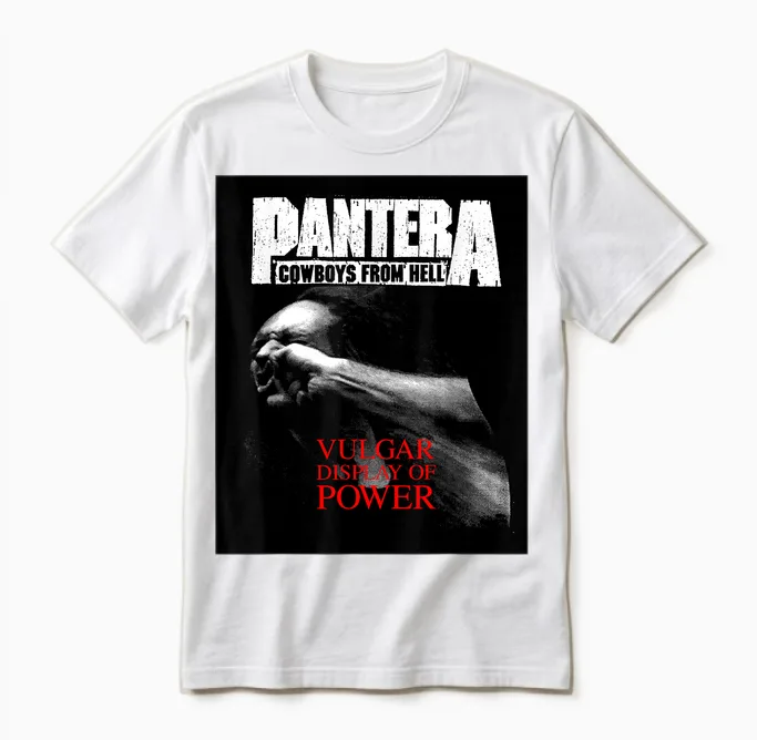 Pantera Official Vulgar Display of Power T-Shirt - Black - Unisex Adult - Small - Short Sleeve - Crew Neck - Classic Fit - Music Theme - Cotton Unisex T-Shirt in White