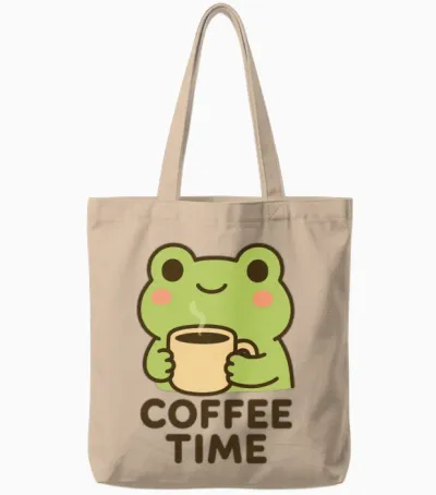 Cute Frog Coffee Mug Design Tote Bags - Natural