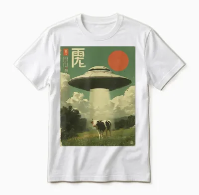 Funny Japanese Ufo Alien Kidnapping Cow Kids Adult Unisex T-Shirt - White