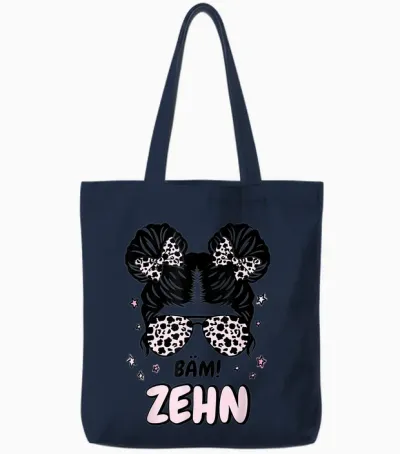 Kids 10th Birthday Girl Messy Bun Bäm! Ten T-Shirt, Black, S Tote Bags - Navy