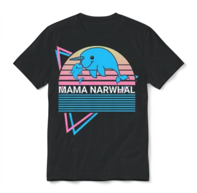 Narwhal Mama Retro Unisex T-Shirt - Black