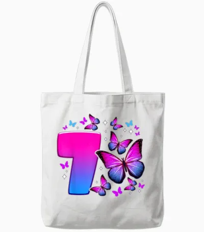 Birthday Girl 7 Years Old Butterfly Number 7 T-Shirt, Black Tote Bags - White