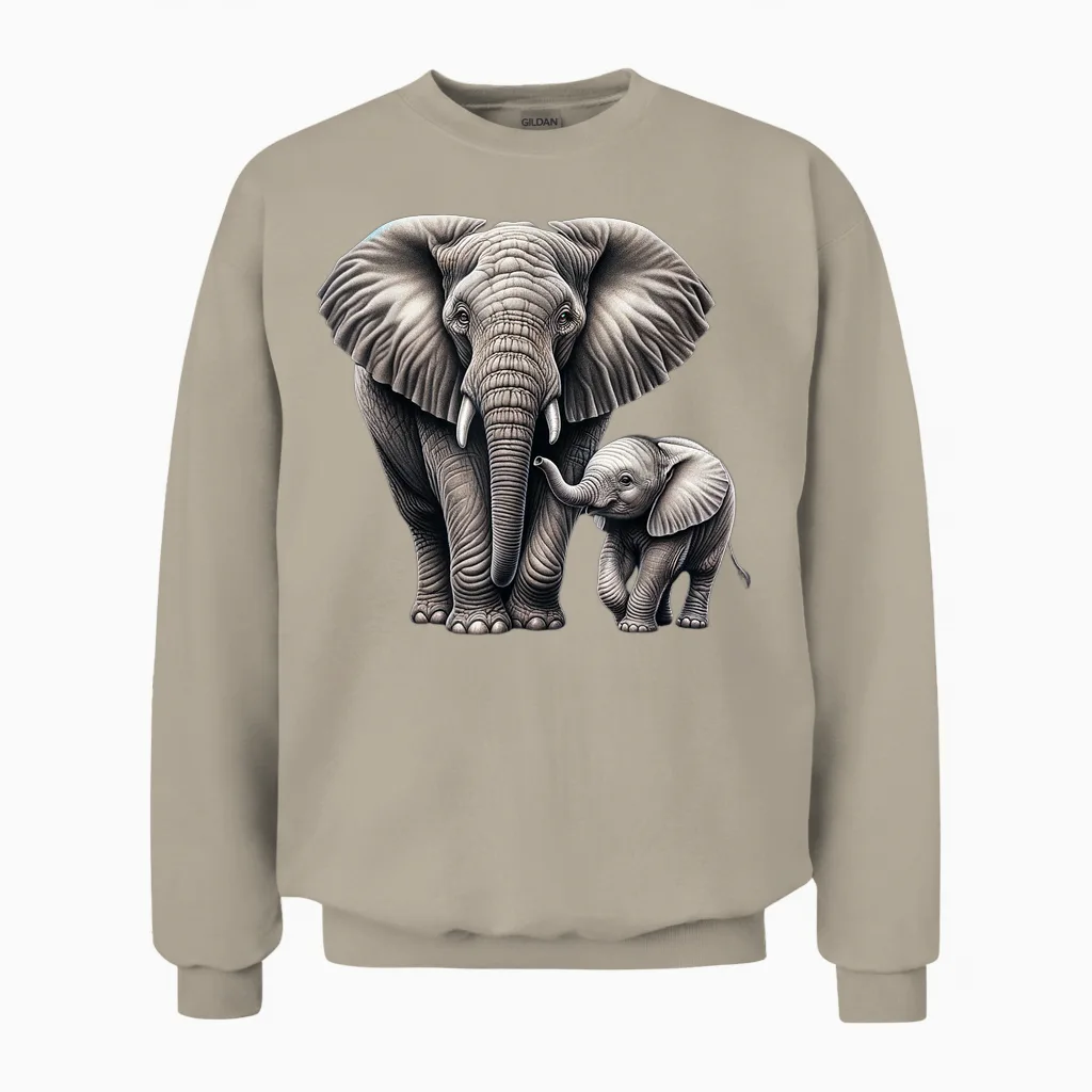 Gentle Giants: Mother and Calf Elephant T-Shirt, Black Unisex Sweatshirt in Sand