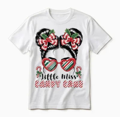 Messy Bun Little Miss Candy Cane Christmas Girls Unisex T-Shirt - White
