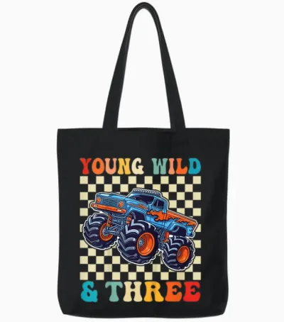 3rd Birthday Monster Truck Young Wild and Three 3 Year Old Tote Bags - Black