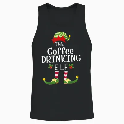 Coffee Drinking Christmas Elf Matching Pajama X-Mas Party Unisex Tank Top - Black