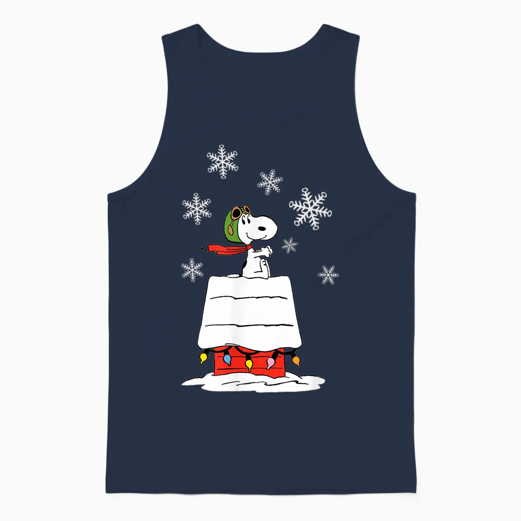 Peanuts Snoopy Flying Ace Holiday Dog House Unisex Tank Top in Navy