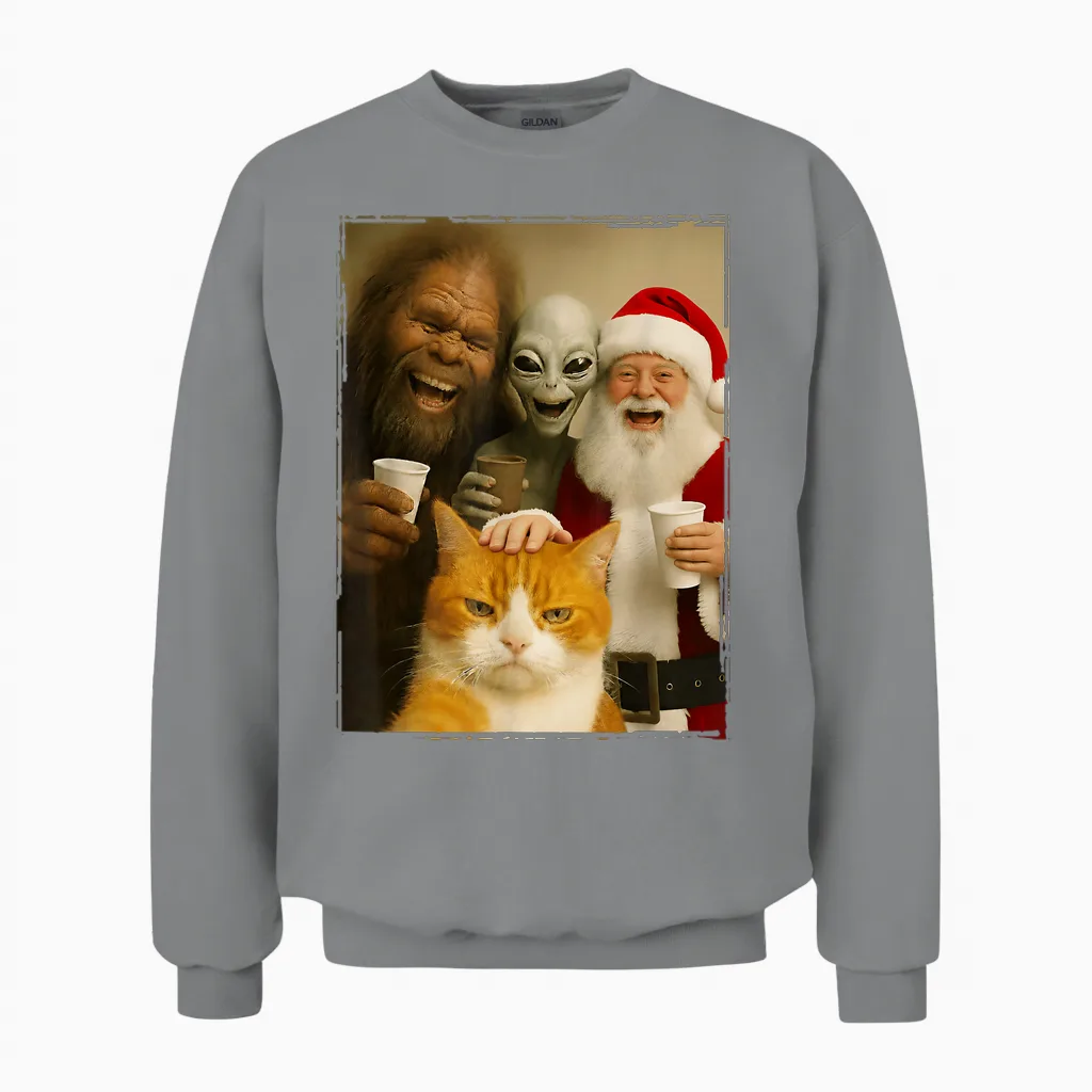 Cat Selfie with Bigfoot, Alien & Santa, Funny Christmas Unisex Sweatshirt in Sport Grey
