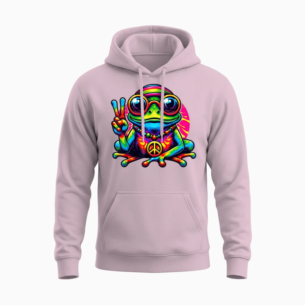 Batik-Hippie-Frog Peace Sign 70s 60s Party T-Shirt, Black, S Unisex Hoodie in Light Pink
