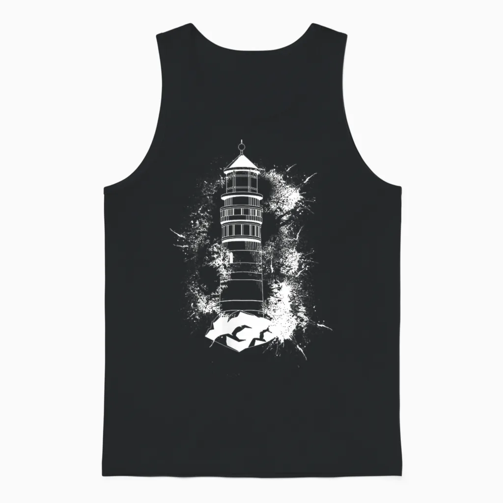 Lighthouse T-Shirt Sea Light Seagulls Coast Harbour Maritime Lighthouse, Black, S Unisex Tank Top in Black