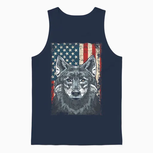 Wolf 4th of July American Flag Howling Wolves Unisex Tank Top in Navy