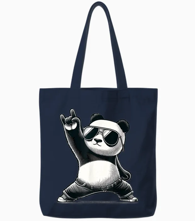 Retro Panda Rock Music Gift Men Children Women Funny Panda Tote Bags in Navy
