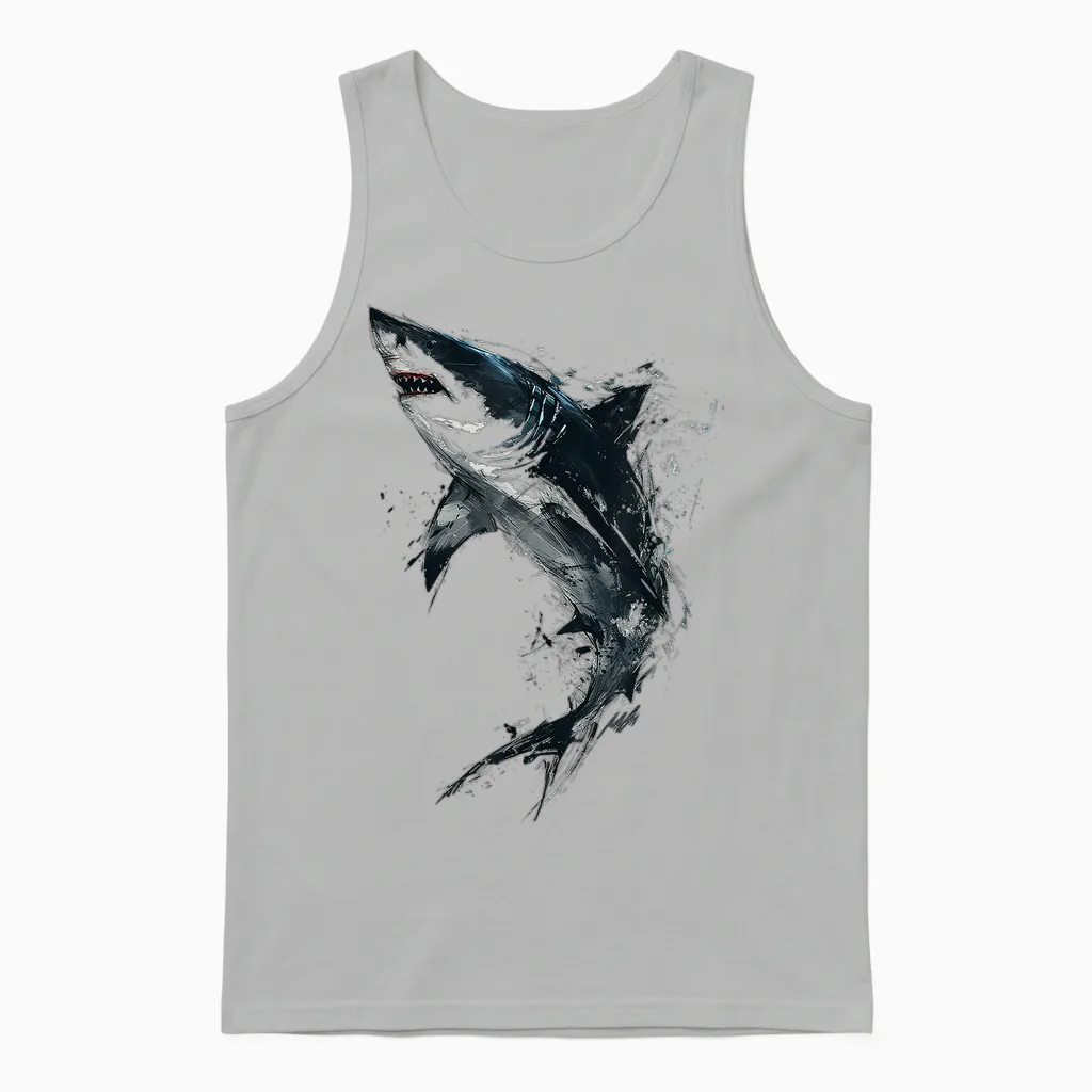 Shark Painting Art Abstract Animal Drawing Graphic Shark T-Shirt, White Unisex Tank Top in Ash