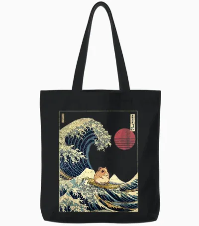 Hamster Kanagawa Wave Funny Surf Animal T-Shirt, Black Tote Bags - Black