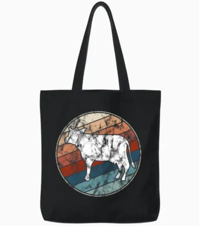Cow in Retro Style Tote Bags - Black
