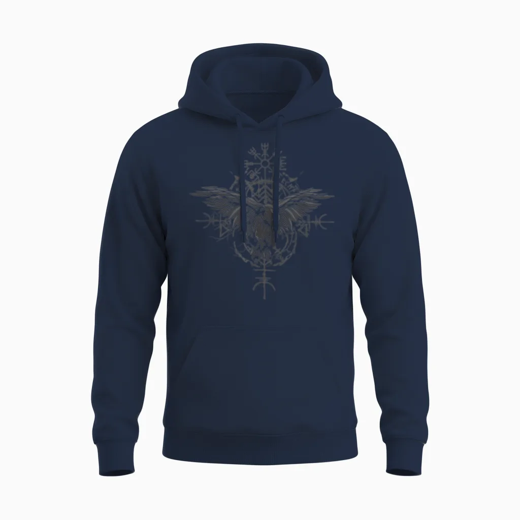 Walhalla Raven Odins Runes Nordic Compass Viking T-Shirt, Black Unisex Hoodie in Navy
