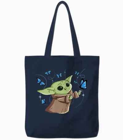 Star Wars the Mandalorian the Child with Blue Butterflies T-Shirt, Black Tote Bags - Navy