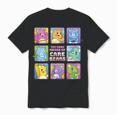 Care Bears Vintage Classic the Many Moods of Care Bears T-Shirt, White, S Unisex T-Shirt - Black