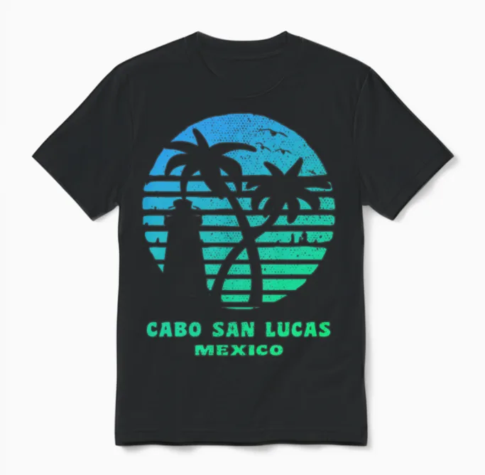 Cabo San Lucas Lighthouse Seagulls Palms Souvenir Unisex T-Shirt in Black