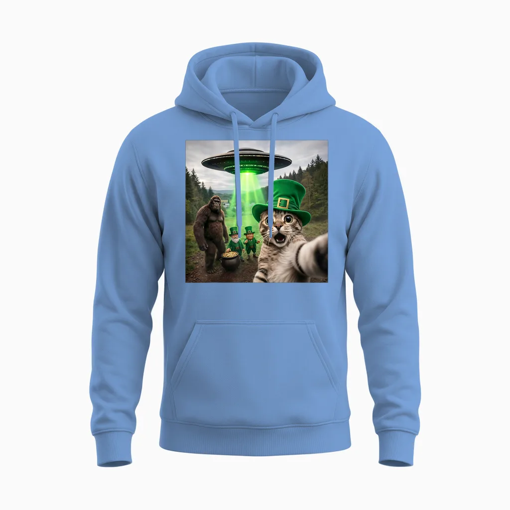 Funny St Patricks Day Cat Selfie with Leprechaun Bigfoot Ufo Unisex Hoodie in Carolina Blue
