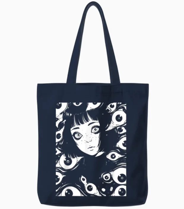 Horror Anime Manga | Japan Japanese Creepy Kawaii Goth T-Shirt, Black Tote Bags in Navy