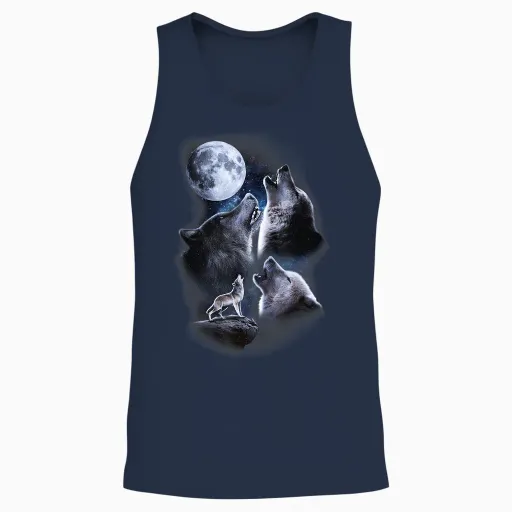 Howling Wolves in the Full Moon Moonlight with Starry Sky Unisex Tank Top - Navy