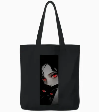 Crimson-Eyed Night with Black Cat Tote Bags - Black