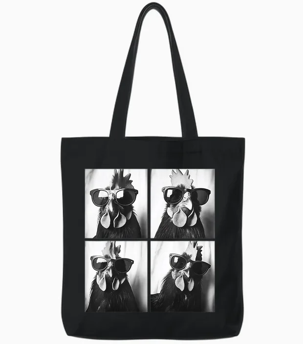 Hahn Wearing Sunglasses Photobooth Selfie Farm Chicken Tote Bags in Black