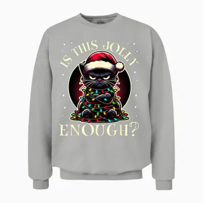 Is This Jolly Enough Funny Black Cat Christmas Tree Lights Unisex Sweatshirt - Ash