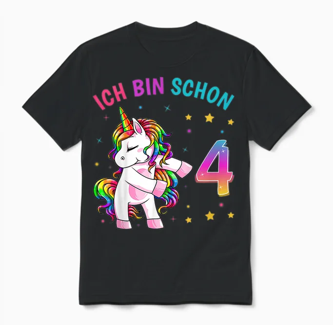 4 Geburtstag Mädchen Ich Bin 4 Jahre Alt Party Einhorn Unisex T-Shirt in Black