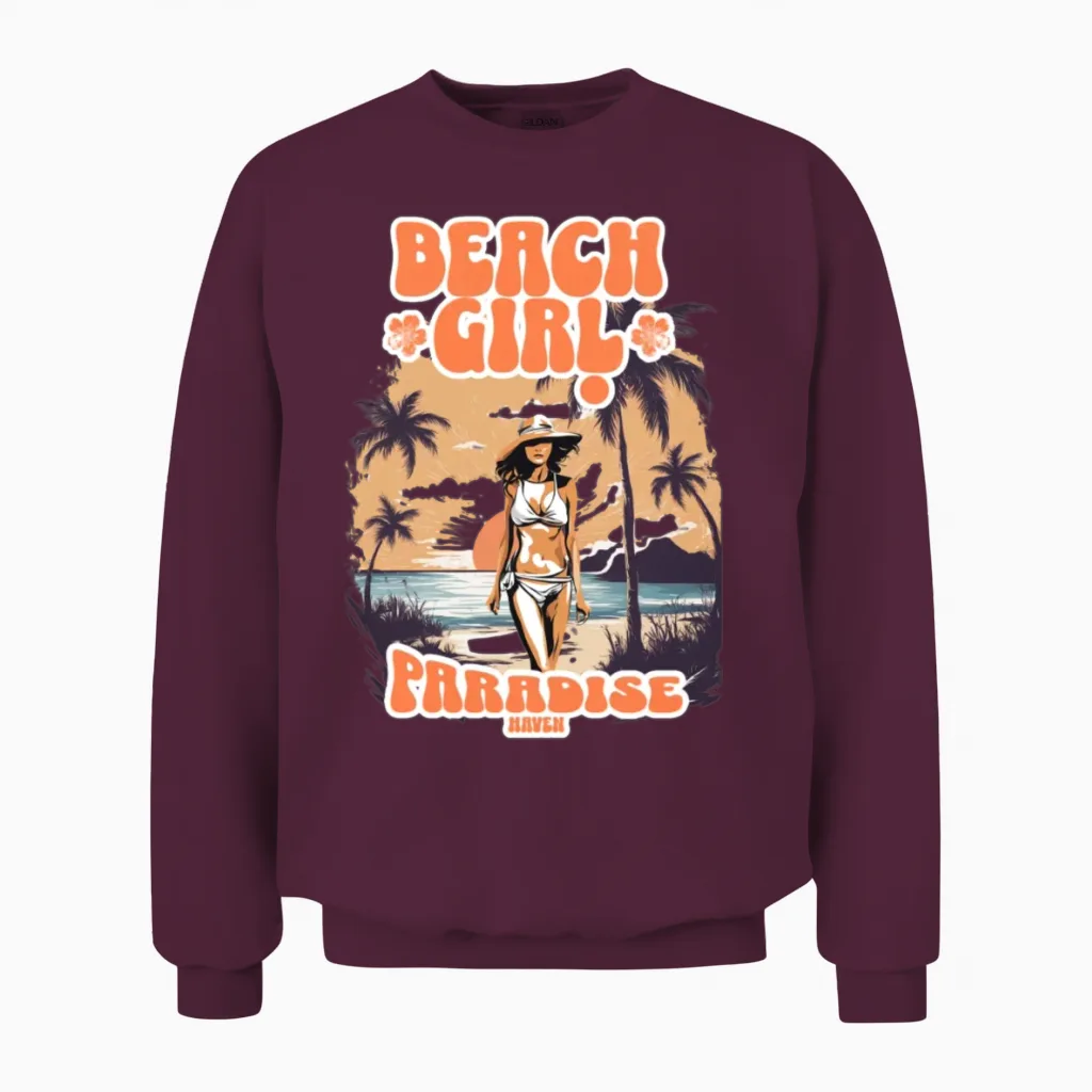 'beach Girl, Paradise Haven' Beach Scene Gd Unisex Sweatshirt in Maroon